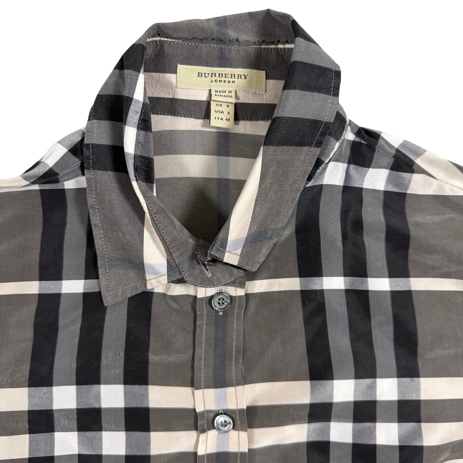 Burberry London Nova Check Button Up Shirt Women’s 6 Gray Plaid AS IS Damaged