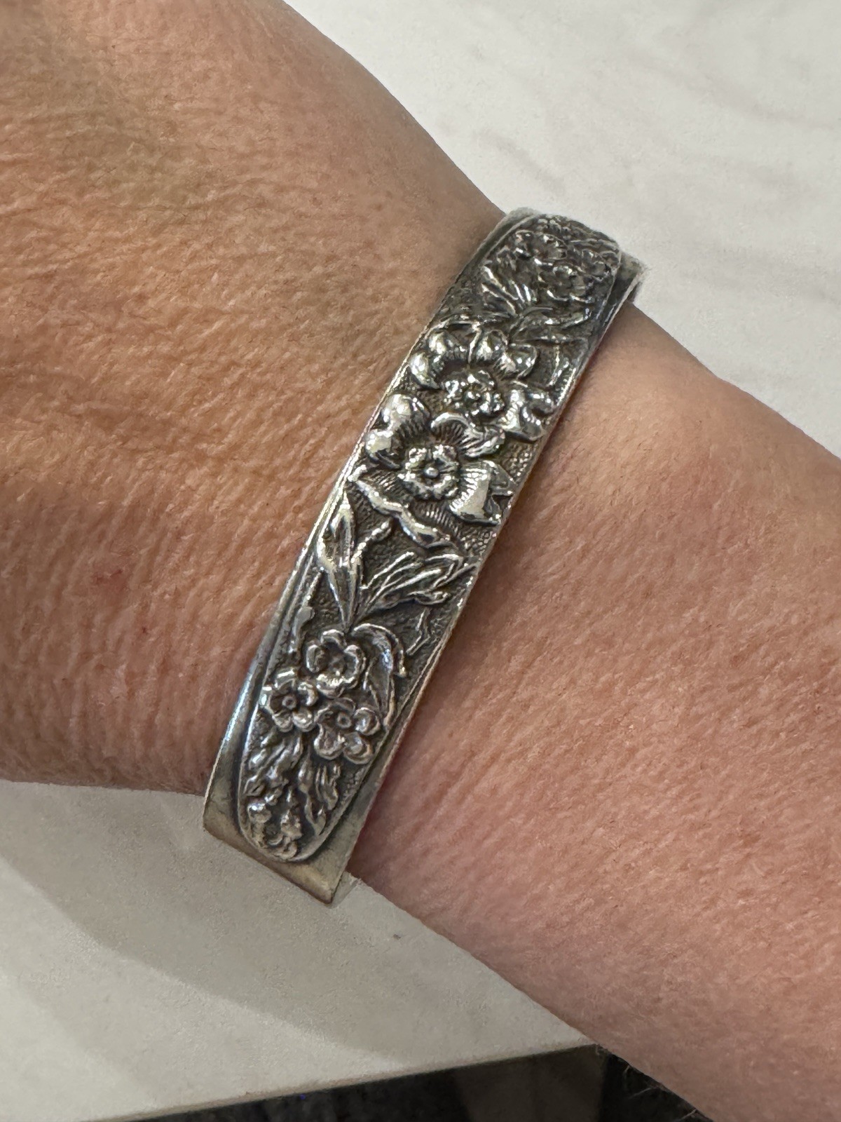 Solid Sterling Silver Repousse Cuff Bracelet, Flo… - image 2
