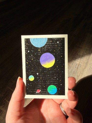 ACEO Original Art Acrylic Painting, "Space Walk" planets PlumRougeArt
