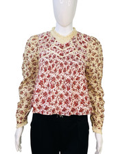 DÔEN Annette Crochet Lace Floral Printed Cotton Blouse Tunic Womens Size XS