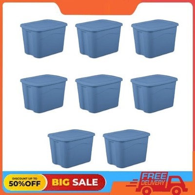 Sterilite 18 Gallon Plastic Storage Bin with Snap-on Lid, Light Blue, 8 Pack