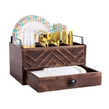 Paper Plate Dispenser Drawer Wood Kitchen Counter Caddy Organizer Silverware
