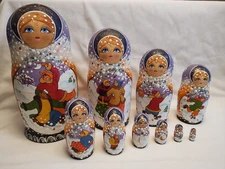 10” Signed Russian Matryoshka 10 Piece Nesting Doll Set –  Winter Scenes