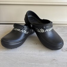 Crocs Women'S Black Clog with Silver Flower Print - US 7 Non Marking Slip Resist