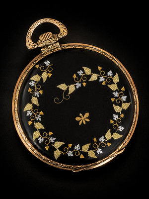 Antique Zenith 18K Solid Gold Pocket Watch Black Enamel Butterfly Hand Engraved