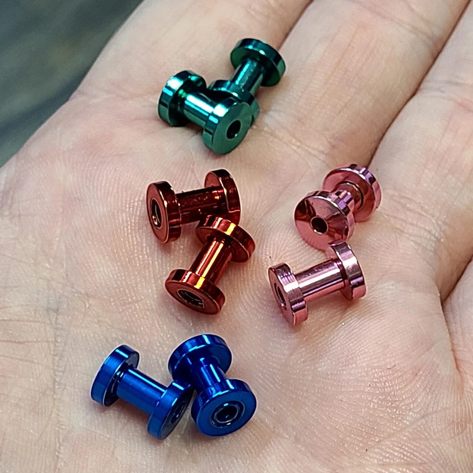 Pair of Screw Fit Ear Plugs Gauges Ion Plated Titanium Pink Blue Green Red Color - Image 3 of 4