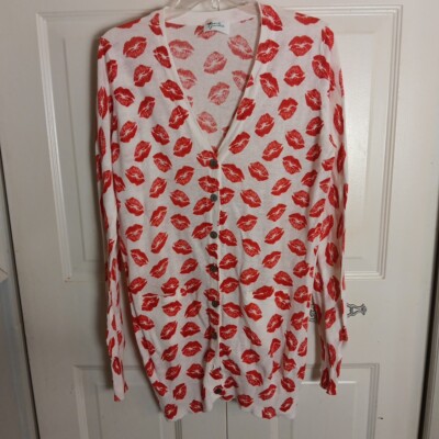 Pearl Junkie red and white linen blend lips tunic length cardigan VALENTINES XXL
