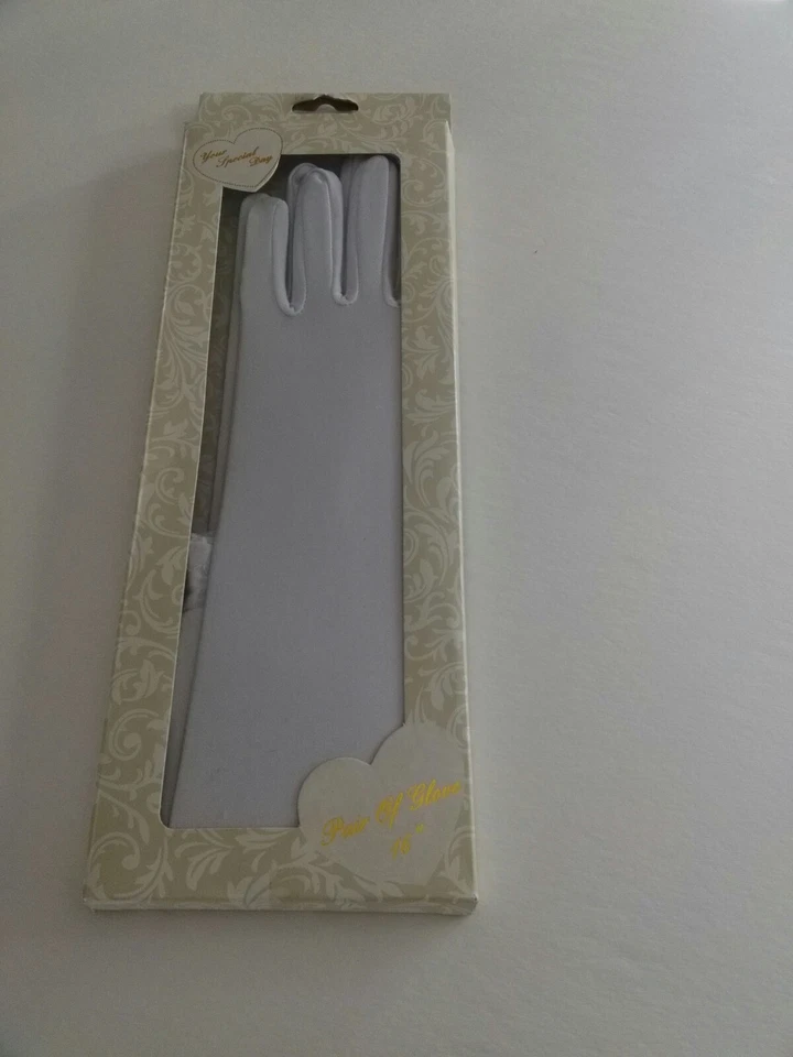 新娘婚礼手套 16 英寸肘长条纹闪亮白色 — 第 2/4 张图片