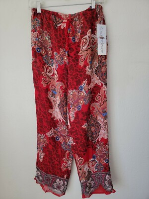 New Carol Anderson Red Beaded Floral print rayon drawstring pants XS Runs Big