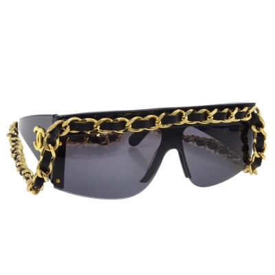 Chanel Chain Sunglasses Eyewear Black Small Good 01456 94305
