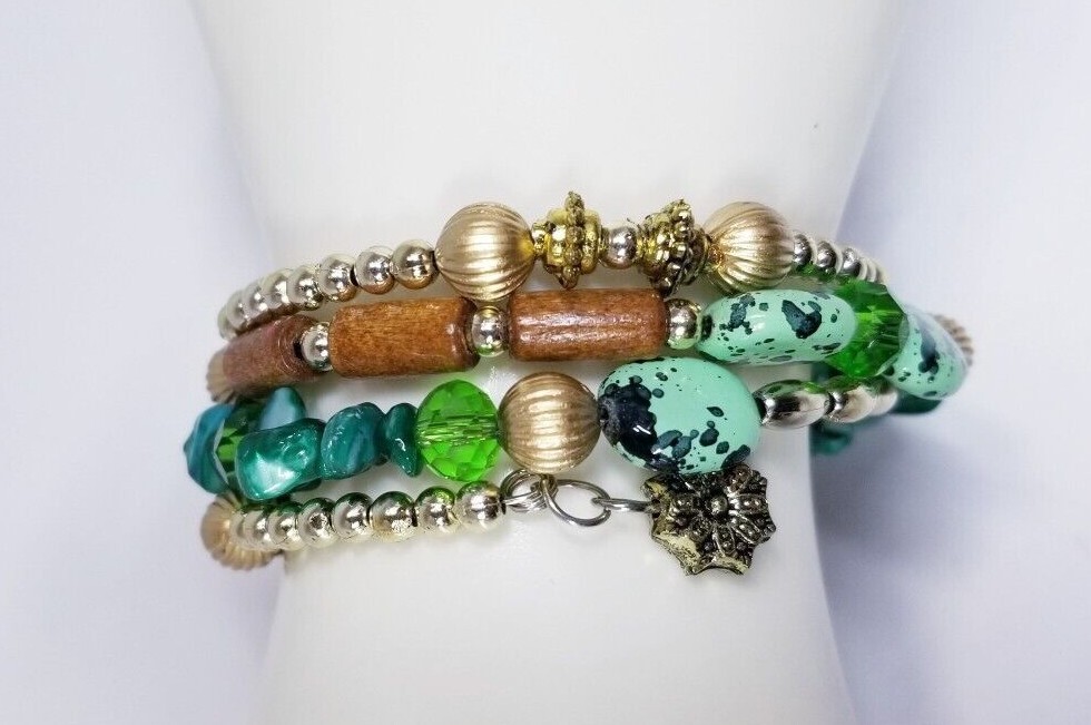 Green Multi-Gemstone Memory Wire Wrap Bracelet - image 2