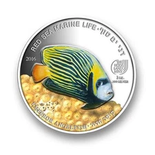 ISRAEL PALAU 2016 COLOR .999 SILVER EMPEROR ANGELFISH 1oz COIN RED SEA FISH
