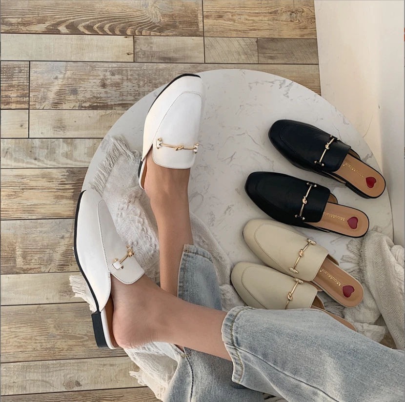 UK Womens Leather Backless Loafer Slipper Mule Slide Shoes Slip On