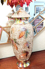 20"H Urn with Lid Ceramic Iridescent Gold Hand Made Painted Signed Large