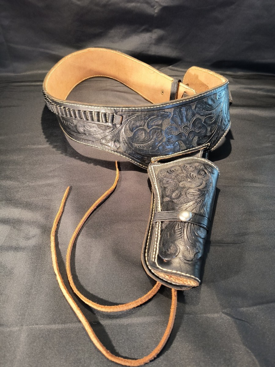 Vintage Tooled Black Leather Belt Gun Holster Cartridge Size 42