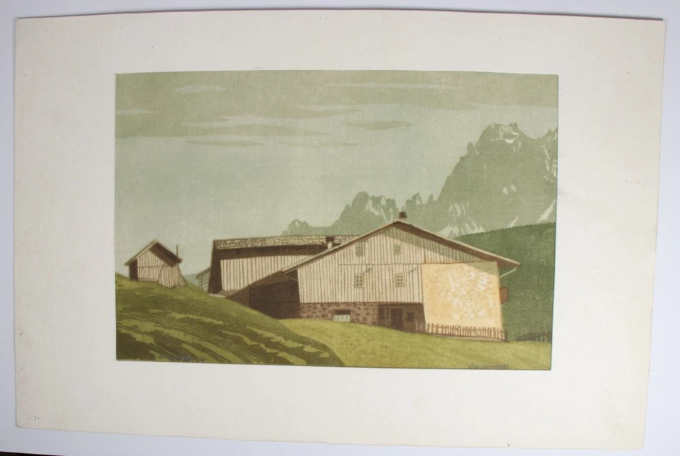 RUDOLF LANZINGER ~ Froneben Sexten Moos ~ Holzschnitt signiert Südtirol woodcut - Bild 2 von 4