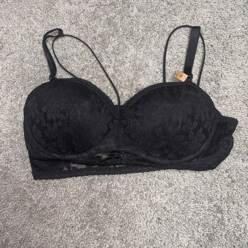 VICTORIA'S SECRET PINK Lace Bralette Bra Floral Black Large NWT