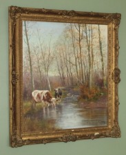 POL NOEL (1851-1911) Large Original Oil Painting of Cattle / Cows by a River