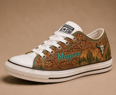 Custom Western-Style Leather Sneakers   Cowgirl Floral Turquoise Design