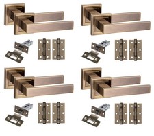 Delta Design Square Rose Door Handles  4 Set with Latch and Hinges Antique Brass