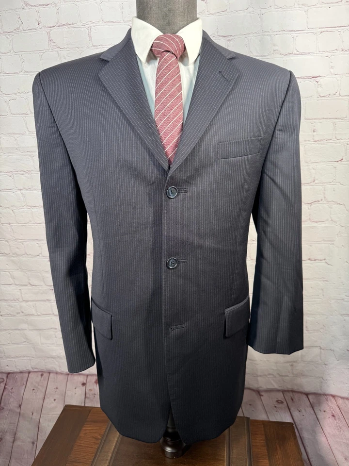 CALVIN KLEIN Para Hombres Azul Marino RAYAS Lana 2 piezas Traje 40R Chaqueta 36x27 Pantalón Foto 2 de 4