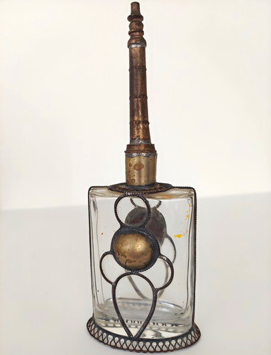 Clear Glass Square Decorative Bottle w/ Antique Metal Overlay & Stopper