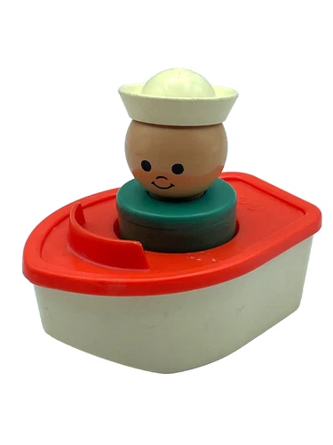 Vtg 1974 Fisher Price Jumbo Little People boat & sailor Bath Toy FREE ship