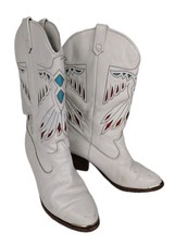 VTG Acme White Leather Cowgirl Dingo Thunderbird inlay Western Sz 6.5 USA Made