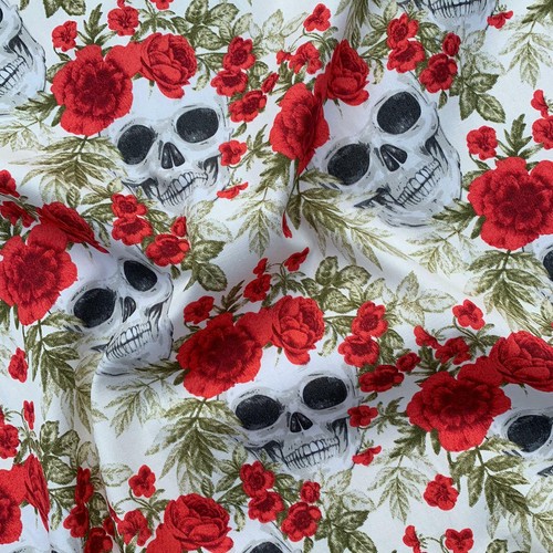 Tela artesanal de vestir estampada de popelín 100 % algodón calaveras y rosas | por medio metro - Imagen 9 de 11
