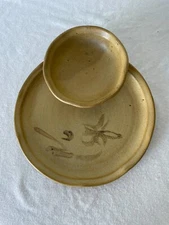 Art Pottery Chip and Dip, Serving Plate Attached Dipping Bowl, 9"