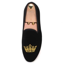 FERUCCI Men Plain Black Velvet Slippers loafers with gold Crown Wedding Prom