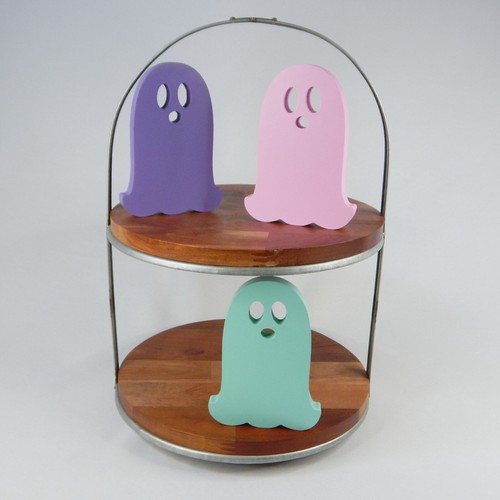 Set 3 Halloween Wood Ghosts 6" Pink Purple Aqua Tiered Tray Mantle Decor Shelf - Picture 4 of 11