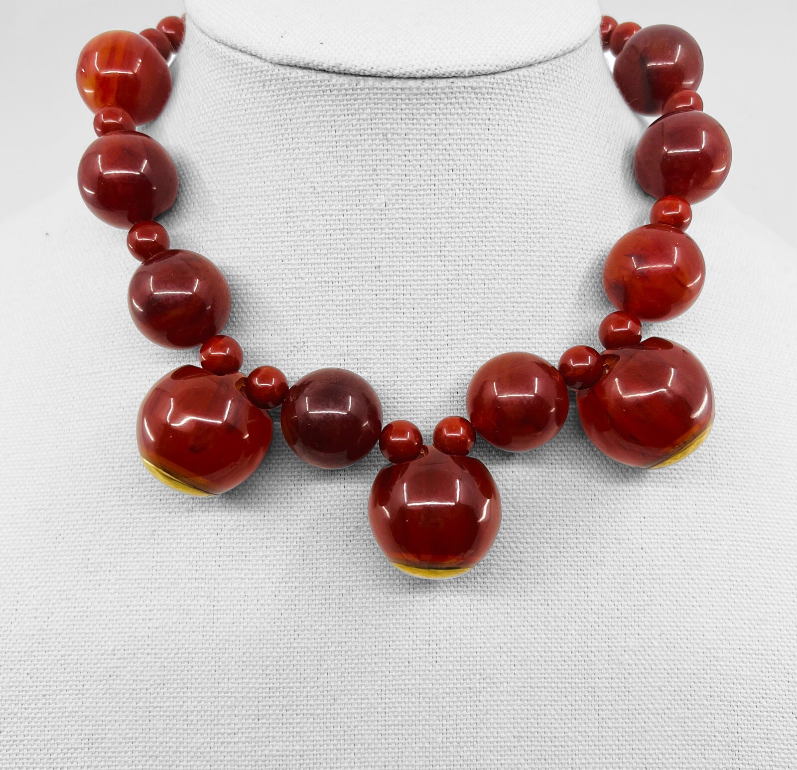 Rust Bakelite Necklace with Brass Trim, Chunky St… - image 3