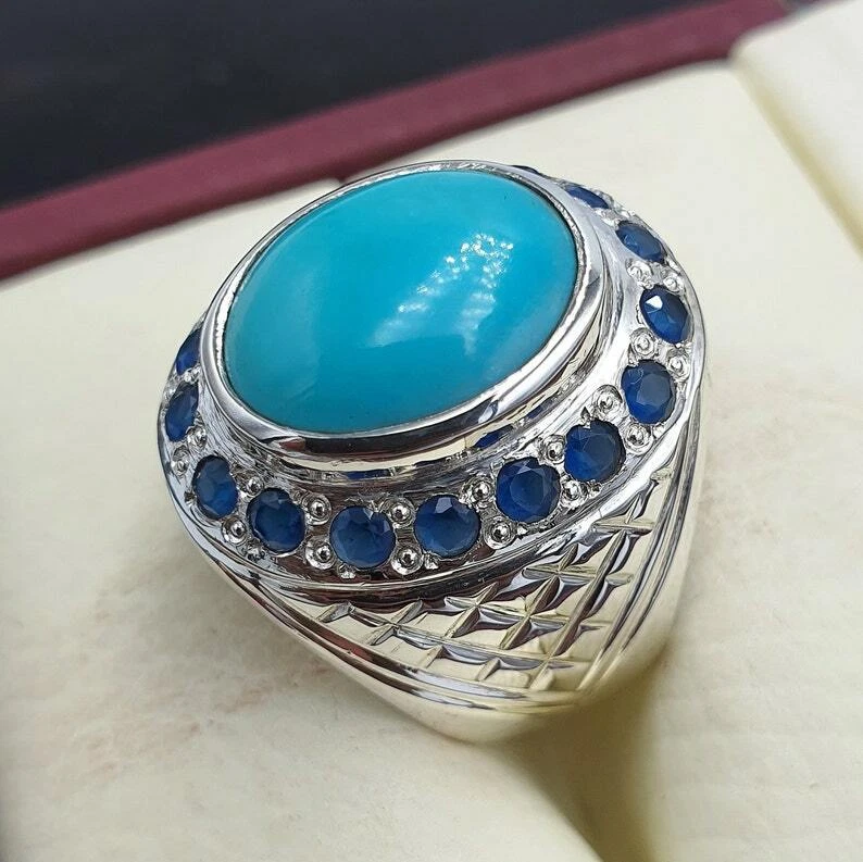 Anillo Turquesa Natural Para Hombre con Zafiros Hecho a Mano Anillos Hombre Talla 9 Piedra Real Foto 2 de 4