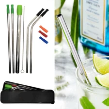 Portable Travel Reusable Stainless Steel Drink Straws Anti Dust Silicon Tip Set