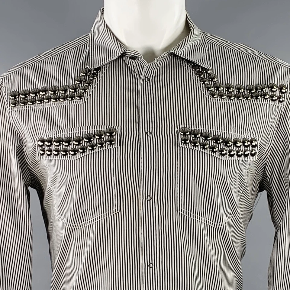 Camisa de manga larga PIERRE BALMAIN talla M plateada negra blanca a rayas de algodón con tachuelas Foto 2 de 4