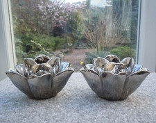 Two Lotus Chrome Effect Candle Holders Candlesticks 12cm across 7cm high