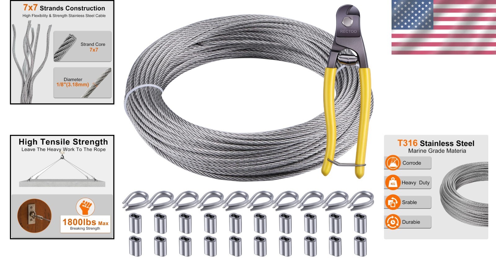 Versatile 100ft Stainless Steel Cable - 1/8" Wire Rope with Loop Sleeve Included