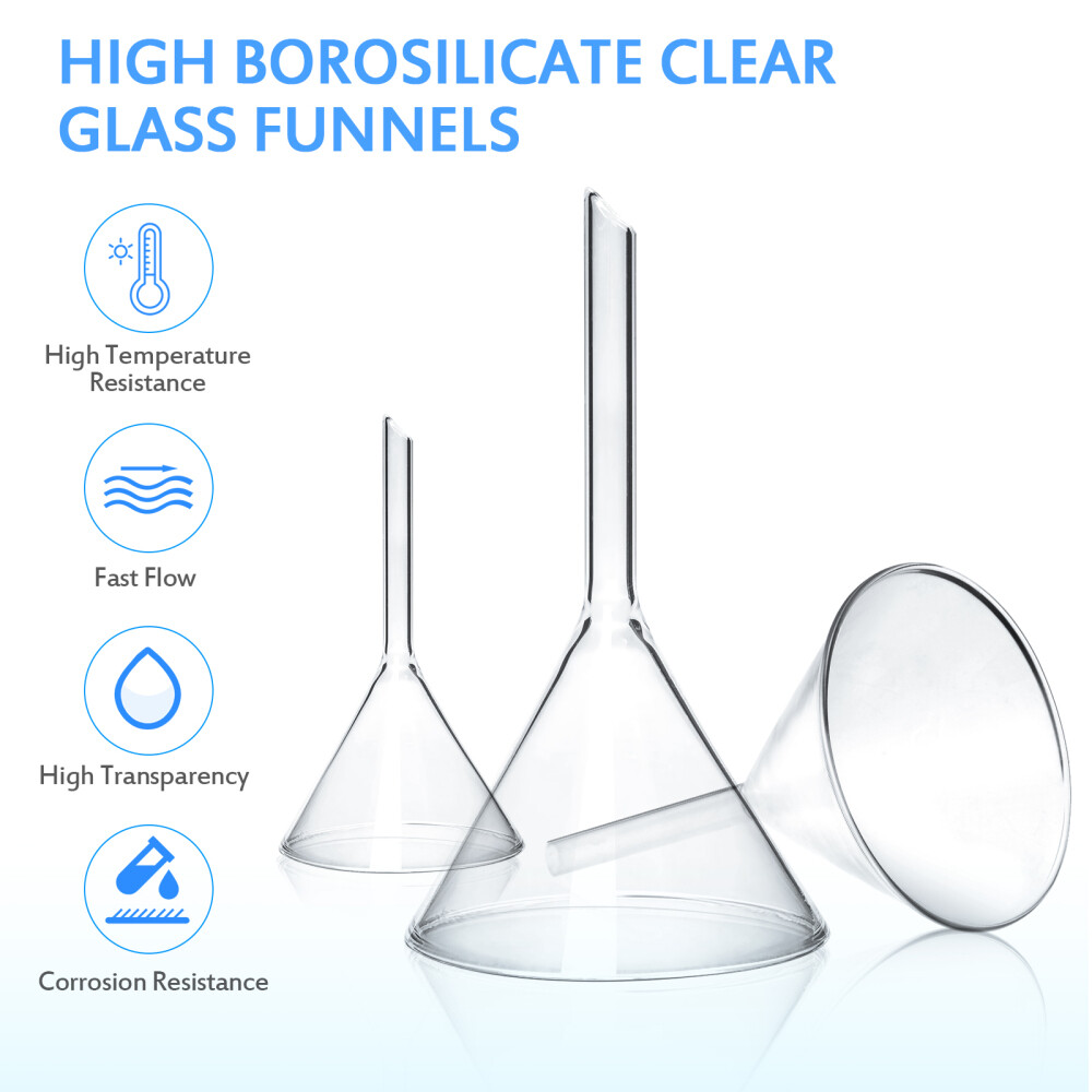 12-Pack Glass Funnels With Handle – 14mm Clear Lab & Kitchen Funnel For Bottles, Oils, Powders & DIY Projects