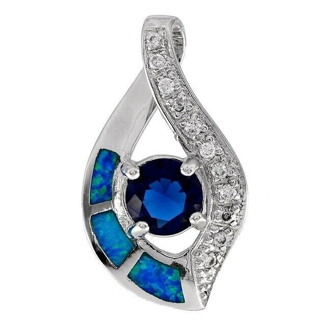 2CT Treated Blue Sapphire & Australian Opal Inlay 925 Sterling Silver Pendant