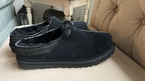Men’s UGG Slippers NEUMAN BLACK SUEDE SHEEPSKIN SHOES  US 12 - Picture 1 of 9