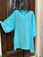 HLT248 Aqua 1X NWT Match Point Linen Shirt Tunic Pull Over Kimono Plus XL Blue