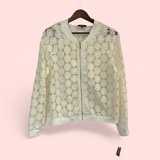 New Sheer Lace Cream Ivory Sunflower Long Sleeve Bomber Jacket $79 Xoxo Large