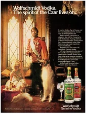 PRINT AD, 1980 Wolfschmidt Vodka Spirit of the Czar Russia Golden Age Hunt Dogs