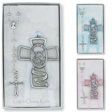 Guardian Angel Boys Girls Pewter Crib Cross Rosary Baptism Nursery Decor Baby
