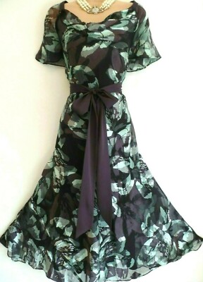 Neu Jacques Vert Kleid Seidenmischung 12 14 18 20 Pflaume Mint Fit & Flare Bindegürtel