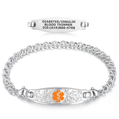 Divoti Custom Engraved Olive Medical Alert ID, Women Bracelet w/Knot Link Chain