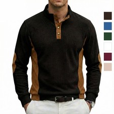 Men's Casual Polo Shirts Classic Button Basic Long Sleeve Shirt Solid Color Tops