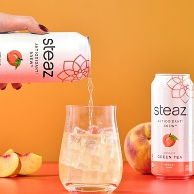 Steaz Organic Lightly Sweetened Peach Iced Green Tea - 12 Cans - 16 Oz/Can