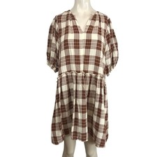 Lou & Grey Plaid V Neck Tiered Ruffle Dress Cream Brown Short Sleeve Size Small